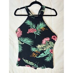 VeronicaM Tropical Floral Halter Tank Top Women's Size S Black Pink Green